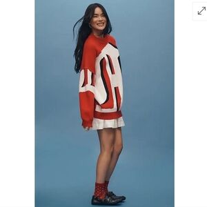 New! Anthropologie Maeve Graphic Monogram Sweater Red Black White Size Small